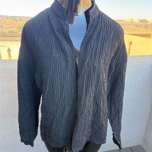 Eileen Fisher BLACK Crinkle Texture Open-Front Jacket | Mandarin Collar Medium